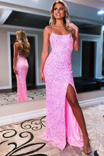Vista 2 de Vestido formal de lentejuelas con cuello en V para mujer CM140