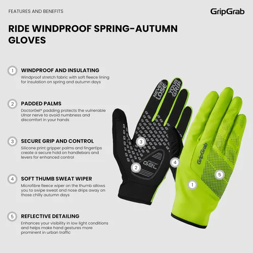 Vista 2 de GripGrab Guantes de bicicleta acolchados de gel para primavera, otoño, a prueba de viento, guantes térmicos de ciclismo para clima frío, guantes