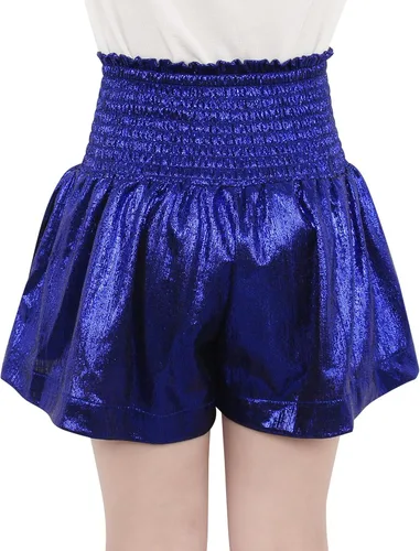 Vista 4 de MODAFANS Pantalones cortos metálicos para niñas, cintura alta, elásticos, brillantes, con lentejuelas brillantes, pantalones cortos con purpurina