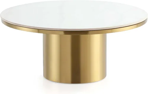 Vista 5 de Manhattan Comfort Glenn - Mesa de centro redonda con elegante parte superior de piedra sinterizada y base de acero inoxidable, diseño elegante