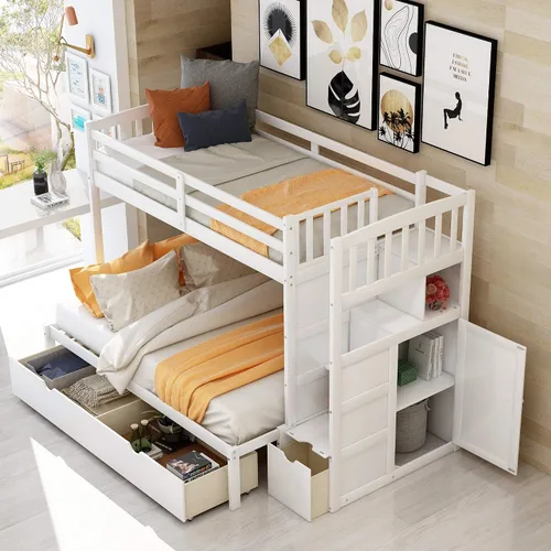 Vista 16 de Harper & Bright Designs - Litera con cama de tamaño individual sobre cama de tamaño matrimonial/individual, con 3 cajones, 4 espacios de Gris