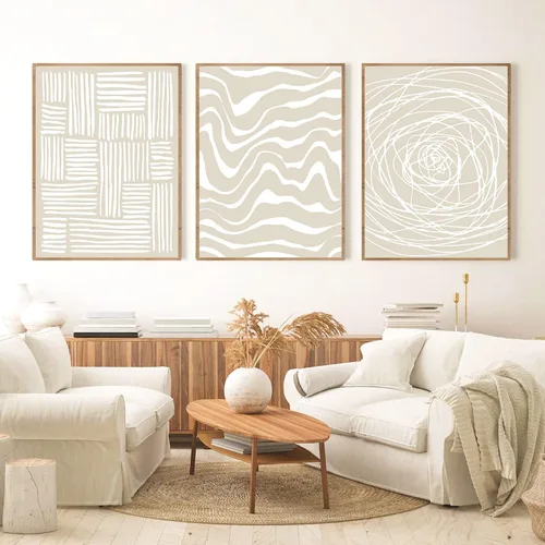 Vista 9 de Arte de pared neutro abstracto beige para pared, pinturas minimalistas bohemias, arte en lienzo de mediados de siglo, impresiones modernas