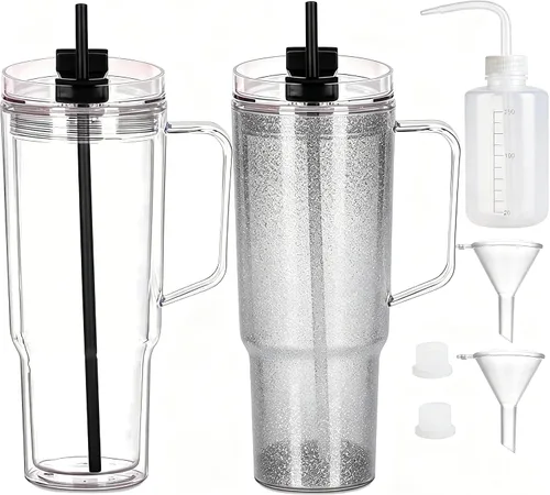 Vista 13 de Vasos de plástico de 40 onzas con asa, tapa de rosca con popote incluido, botella de agua reutilizable de doble pared a prueba de fugas, taza