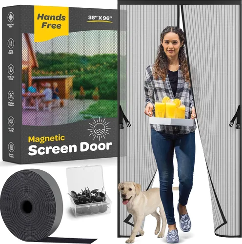 Vista 18 de Puerta mosquitera magnética manos libres, resistente, protector de malla de puerta de mosquitero autosellado, apto para mascotas y niños, hebilla