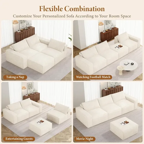 Vista 8 de Vesgantti Sofá Seccional Modular de 114" Sin Estructura, Moderno Sofá de 3 Plazas con Otomana y Asiento Profundo, Sofás de Nube Convertibles