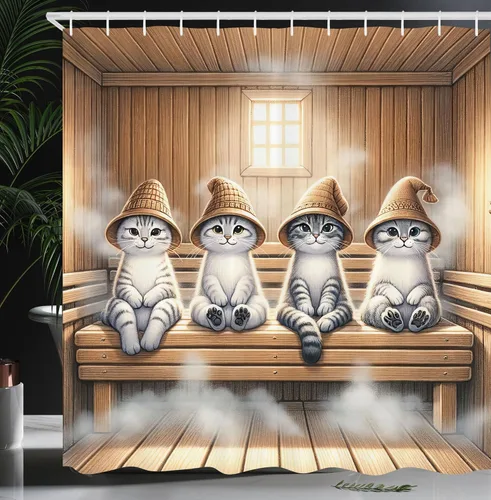 Vista 40 de Ambesonne Cortina de ducha de gato, diseño bohemio de estilo étnico con poses de gatitos sentados y acostados, juego de decoración de baño de tela