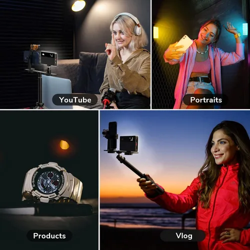 Vista 2 de Pixel Luz de video de bolsillo, batería recargable incorporada de 3000 mAh, trípode y parche magnético para grabación de video del teléfono