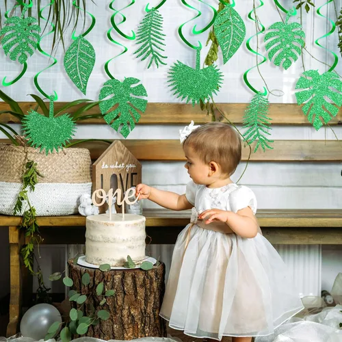 Vista 5 de 32 piezas hawaianas Luau para fiesta, hojas de palmera, remolinos, decoración colgante de techo, decoración verde, fiesta tropical para verano, baby