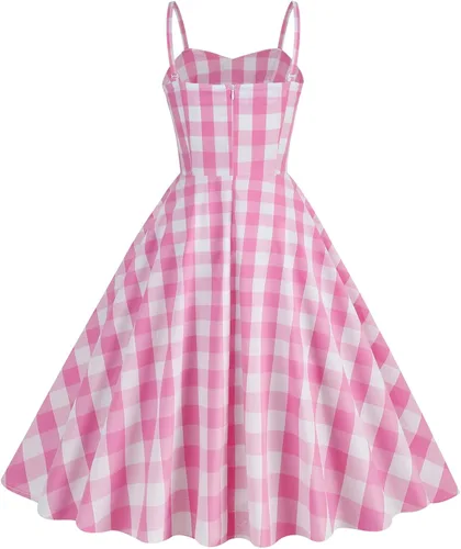 Vista 3 de Vestido a cuadros rosa de los años 50 para mujer, disfraz de Halloween Pin Up Rockabilly para cosplay, vestidos de fiesta vintage Rockabilly