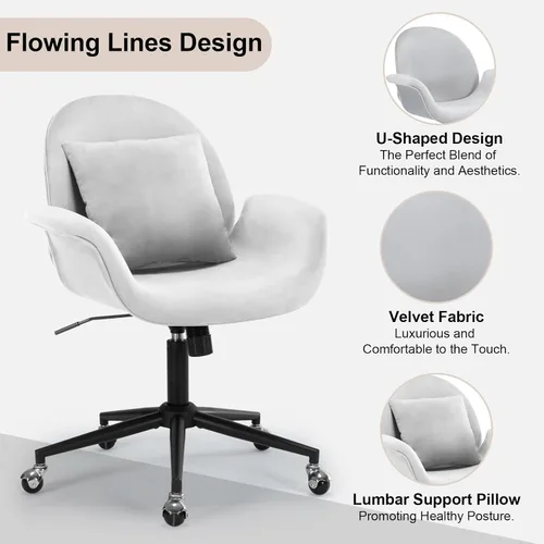 Vista 3 de Silla de escritorio de terciopelo, moderna silla de oficina en casa con altura ajustable giratoria para computadora ejecutiva con almohada, sillón