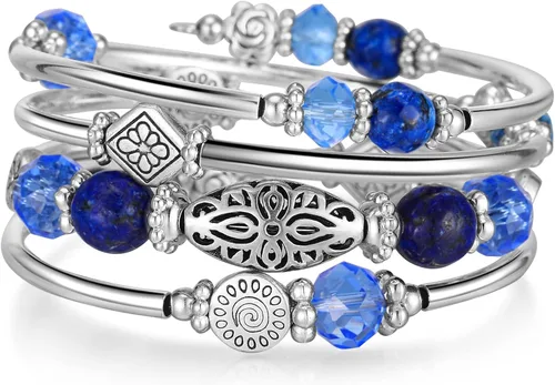 Vista 26 de FULU AUTUMN Pulseras apilables con cuentas para mujer, pulsera bohemia de plata envolvente, joyería de moda en capas, regalos para ella 17-negro