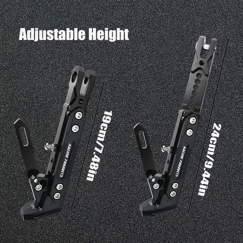 Vista 2 de Pata de cabra CNC ajustable para motocicleta, soporte de trípode universal de aluminio para motor/scooter, soporte lateral de pie modificado