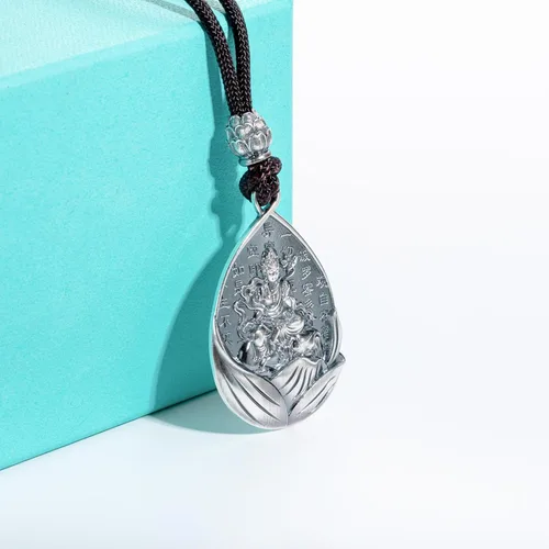Vista 4 de AnuClub Collar con colgante de escultura de Buda Guanyin de plata de ley S999, amuleto de la suerte, joyería de San Patrono del zodiaco chino