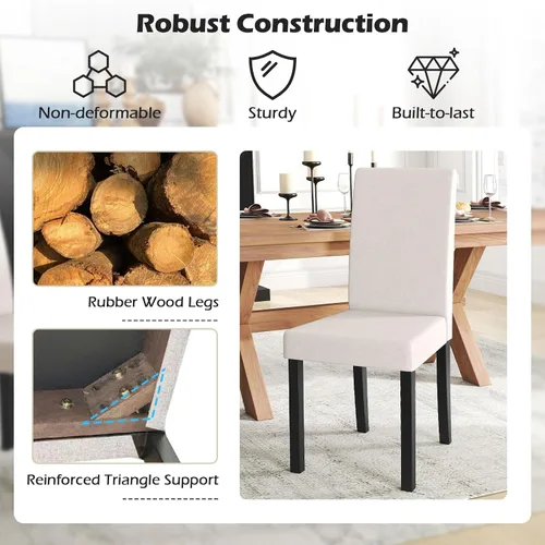 Vista 5 de COSTWAY Juego de 2 sillas de comedor sin brazos de tela, sillas laterales tapizadas de cocina con patas de madera de goma, asiento acolchado y Beige