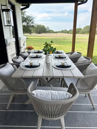 Vista 23 de PURPLE LEAF Juego de muebles para patio de 7 piezas, juego de mesa y sillas de mimbre para exteriores, marco rectangular de aluminio para jardín