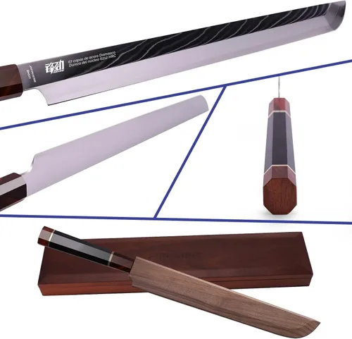 Vista 2 de Cuchillo Sakimaru de la Serie Prestige con Funda de Nogal, Hoja de Acero Damasco Japonés SKD11, Mango Octagonal de Madera de Ébano, Cuchillo