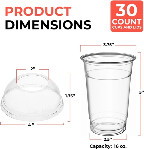 Vista 7 de Vasos de plástico transparente de 16 onzas con tapas anchas de cúpula – Paquete de 30 Vasos desechables para bebidas frías para batidos, café