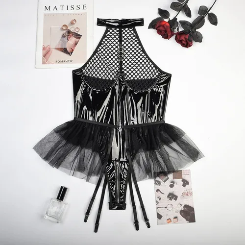 Vista 8 de Women Sexy Lingerie for Sex Naughty One Piece Fishnet Sheer Teddy Dress Mini Babydoll Bodysuit Chemise with Mesh Skirt