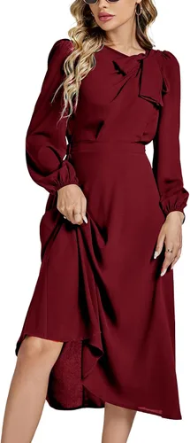 Vista 5 de LYANER Elegante vestido midi acampanado con cuello redondo y manga larga abombada para mujer