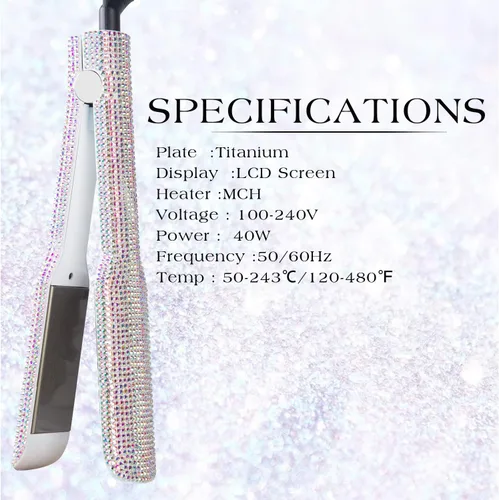 Vista 6 de DORISILK Crystal Diamond - Plancha de pelo de titanio, plancha plana de diamantes de imitación de 2 pulgadas, plancha alisadora de doble voltaje