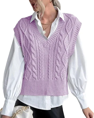 Vista 16 de Chaleco de suéter para mujer Lueluye V cuello sin mangas de punto sólido casual acanalado estilo preppy Beige