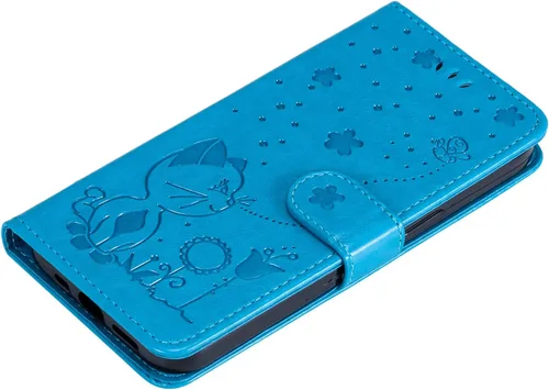 Vista 5 de Funda para Honor X7, diseño de estampado de gato y abejas de cuero de primera calidad, con función atril y cierre magnético