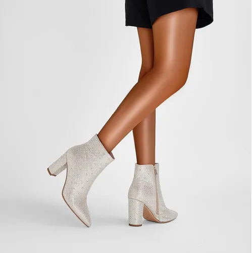 Vista 7 de SOVANYOU Botas de diamantes de imitación brillantes para mujer, botines de tacón alto grueso con cremallera lateral