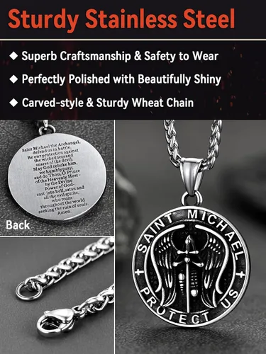 Vista 5 de FaithHeart Saint Michael Necklace, Stainless Steel18K Gold Plated St Michael the Archangel Pendant Amulet for Men Women with Gift Packaging