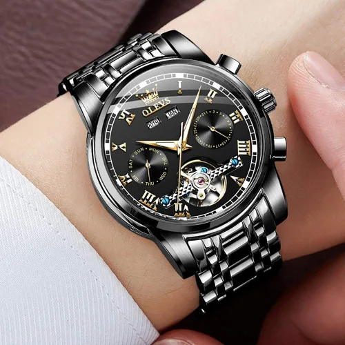 Vista 3 de OLEVS Relojes de cuerda automática para hombre, reloj de pulsera mecánico con diseño de esqueleto Tourbillon, relojes automáticos de acero