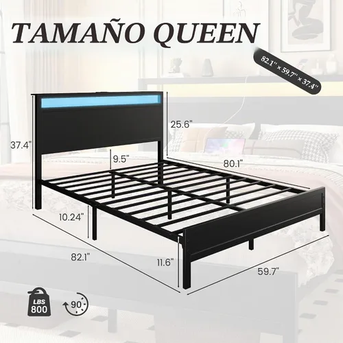 Vista 2 de Fluest Queen Bed Frame with Headboard & Footboard, Bed Frame with Built-in Charging Station & LED Light, Storage Shelf, Noise-Free, No Box Spring