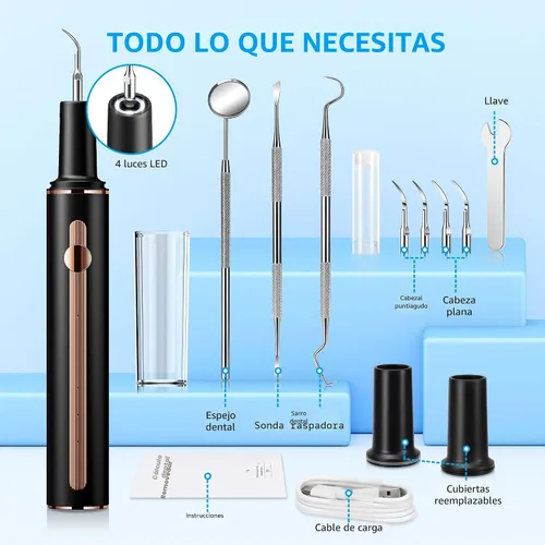 Vista 6 de Kit de limpieza de dientes, removedor de placa para dientes, herramienta portátil para quitar placa dental con LED, blasador de placa para dientes