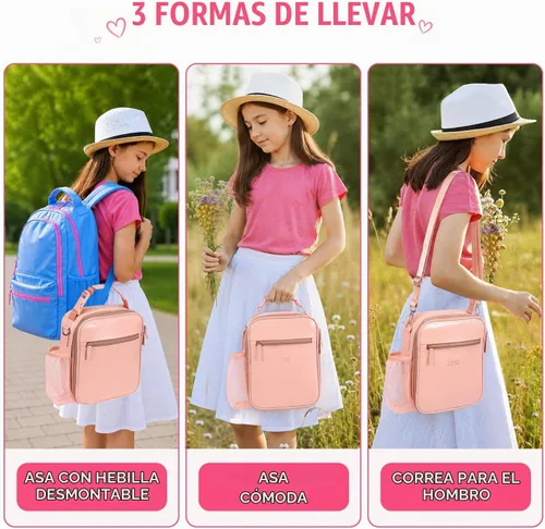 Vista 6 de Bolsa de almuerzo para niños, lonchera aislada de PU con correa