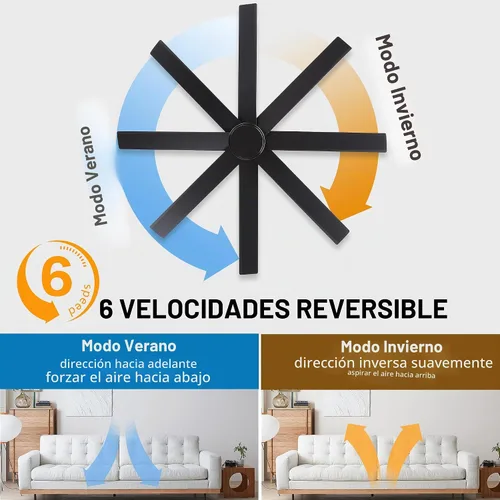 Vista 3 de WINGBO Ventiladores de techo CC grandes de 60 pulgadas sin luces, 3 varillas descendentes, 8 aspas de madera contrachapada, motor CC reversible de 6
