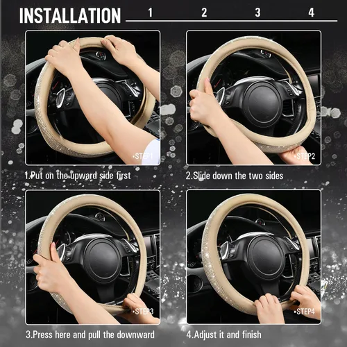 Vista 6 de CAR PASS Funda para volante de cuero beige con diamantes brillantes, cristales blancos brillantes con purpurina y pedrería, ajuste universal de 14