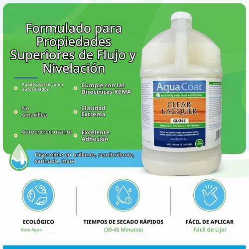 Vista 2 de Aqua Coat - Laca transparente con acabado brillante, a base de agua de primera calidad para madera y plástico, secado rápido, no se amarillea