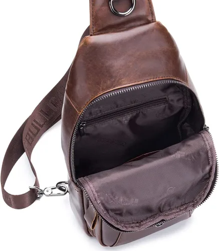 Vista 6 de Hebetag Mochila cruzada de cuero para hombres y mujeres, para viajes al aire libre, trabajo, bolsa para el pecho, camping, casual, mochila café, 7.1