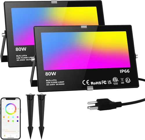 Vista 9 de Luz LED de inundación al aire libre equivalente a 800 W 8000LM, iluminación inteligente RGBW para paisajes con control de APP, luz de inundación