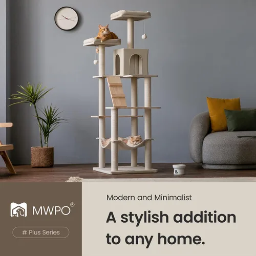Vista 2 de MWPO Árbol grande y moderno para gatos, torre de madera de 70.1 pulgadas para gatos de interior, condominio alto para gatos de varios niveles con 2
