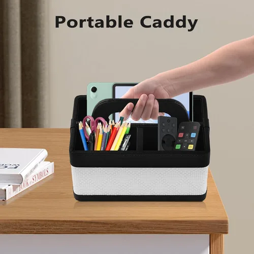 Vista 2 de Organizador de Escritorio Caddy con Asa - Soporte Portátil de Cuero PU para Control Remoto - Bolsa de Almacenamiento Tote para Mesita de Noche