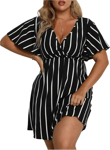 Vista 5 de Floerns - Vestido cruzado para mujer de manga corta con cuello en V, acampanado y estampado de rayas, de talla extragrande