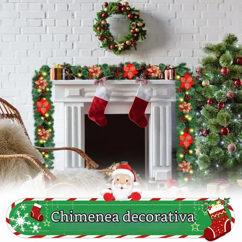 Vista 5 de Guirnalda de Navidad, guirnalda de Navidad con luces, decoración de Navidad, flores artificiales de ratán de 9 pies, decoración de Navidad