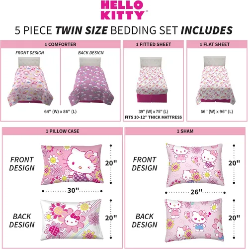 Vista 4 de Franco - Juego de edredón y sábanas supersuaves con funda para niños, 5 piezas, tamaño individual, Hello Kitty