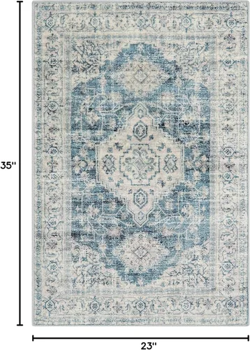 Vista 2 de Lahome Alfombra oriental lavable de área pequeña, 2 x 3 pies, para entrada, cocina, ultra fina, suave, tapete antideslizante para puerta de Azul