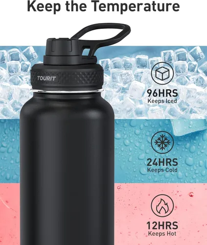 Vista 4 de TOURIT Botella de agua aislada de 24 onzas, botellas de agua de acero inoxidable con asa, botella de agua deportiva al vacío de doble pared, sin