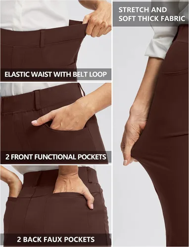 Vista 4 de Rammus Pantalones de yoga para mujer con bolsillos, pantalones de trabajo elásticos para mujer, corte de bota, para negocios, oficina, casual