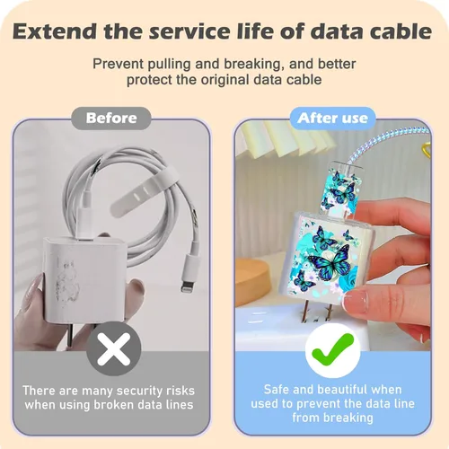 Vista 4 de Bonito protector de cable para cargador de Apple, bonito diseño de flores y mariposas, cable de datos USB, protector de cargador de teléfono