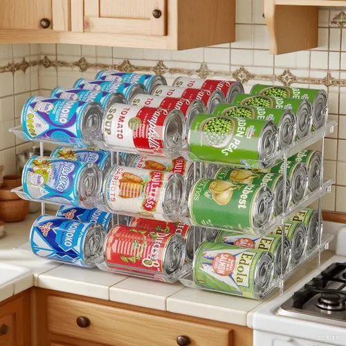 Vista 7 de cjc Organizador de latas para despensa, 3 juegos de 3 niveles organizador de latas para refrigerador, organizadores automáticos transparentes