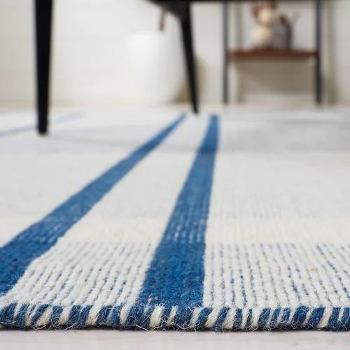 Vista 5 de SAFAVIEH Striped Kilim Collection STK707M - Alfombra de lana de tejido plano de 2 pies 3 pulgadas x 8 pies, color azul/beige