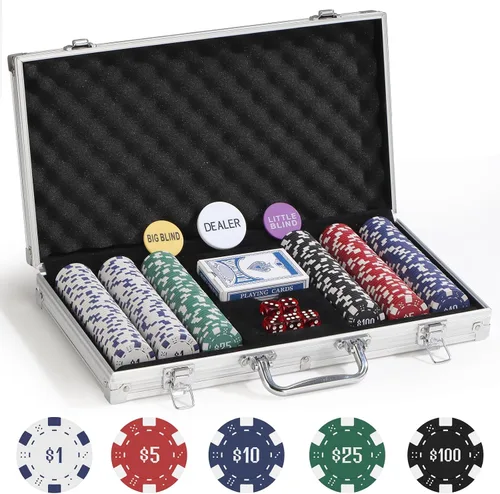 Vista 2 de Juego de 300 fichas de póquer numeradas para Texas Holdem, Blackjack, torneos con estuche de aluminio, 2 barajas de cartas, distribuidor, ciego Negro