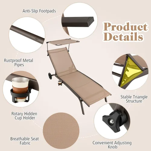 Vista 8 de Tangkula Tumbona para patio, reclinable al aire libre con ruedas, toldo ajustable y portavasos, respaldo de 6 niveles, tumbona reclinable de metal